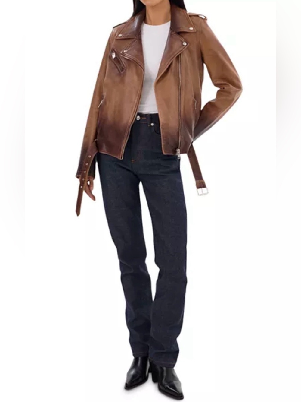LAMARQUE Megumi Leather Moto Jacket SZ:M Almond shadow ombre wash